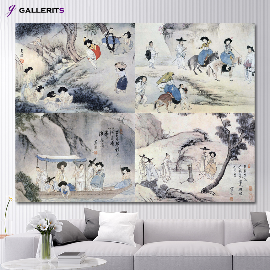 신윤복 그림 민화 단오풍정 월하정인 거실 인테리어 액자 한국화 수묵화 중형