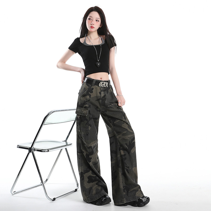 봄 여름 여성 Y2K 스트릿 하이웨스트 카모 카고팬츠 루즈핏 맥시 와이드 롱팬츠 기장선택 6233 - 상세 이미지 5