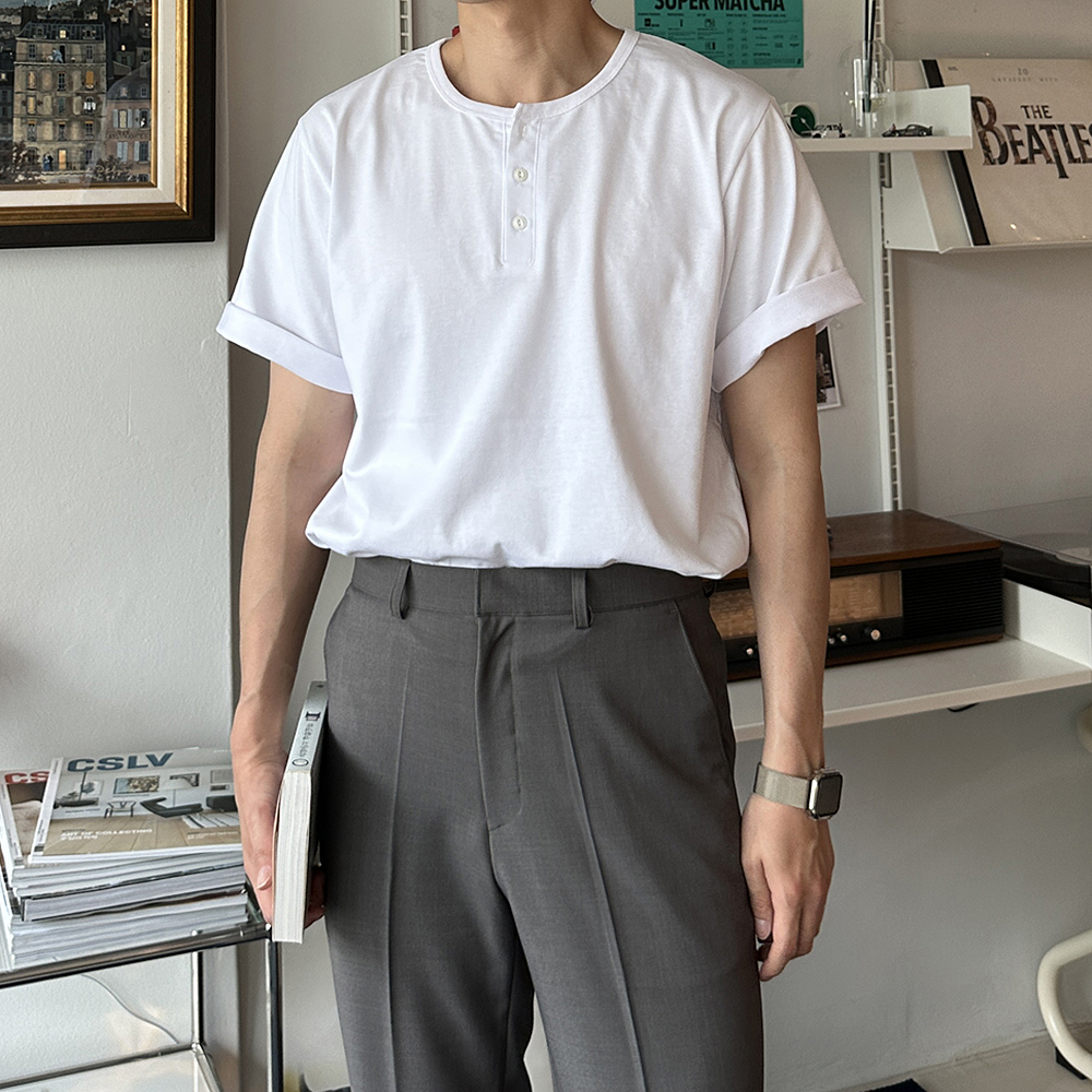 피케 티셔츠 머슬핏 헨리넥 반팔 분또 스판 남자 반팔티 - 상세 이미지 2