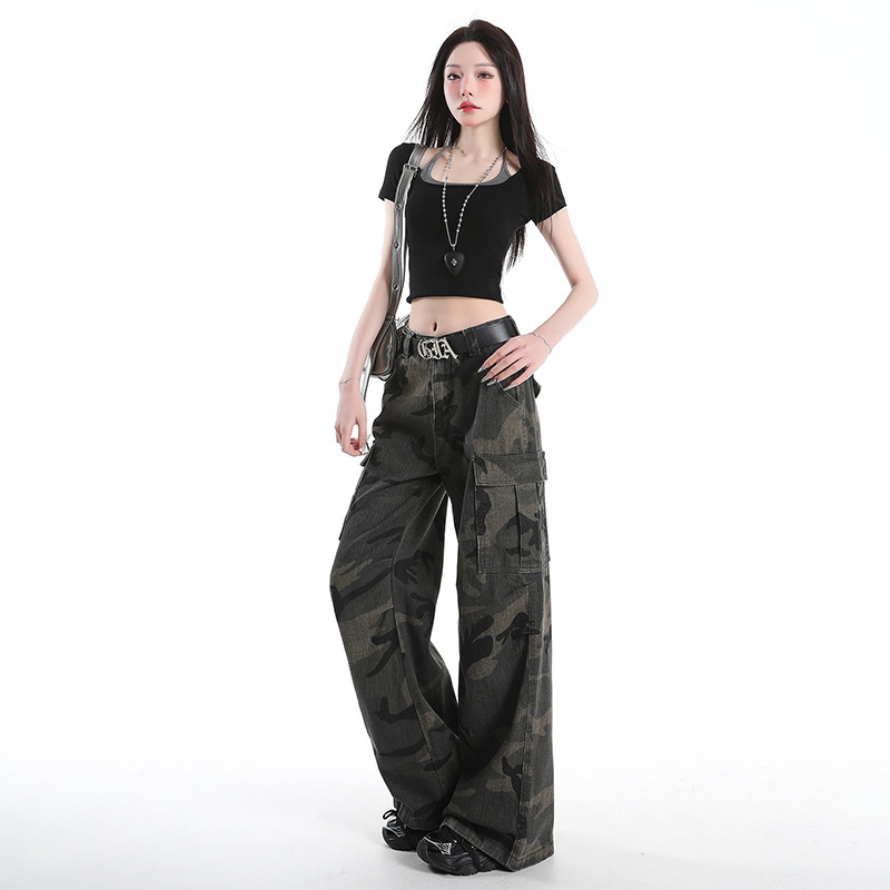 봄 여름 여성 Y2K 스트릿 하이웨스트 카모 카고팬츠 루즈핏 맥시 와이드 롱팬츠 기장선택 6233 - 상세 이미지 2