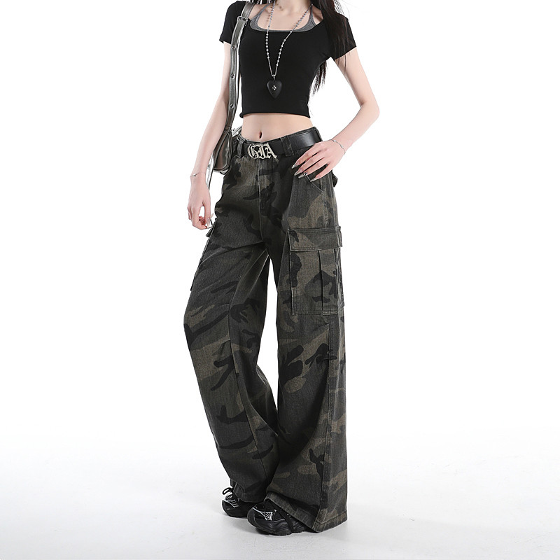 봄 여름 여성 Y2K 스트릿 하이웨스트 카모 카고팬츠 루즈핏 맥시 와이드 롱팬츠 기장선택 6233 - 상세 이미지 4