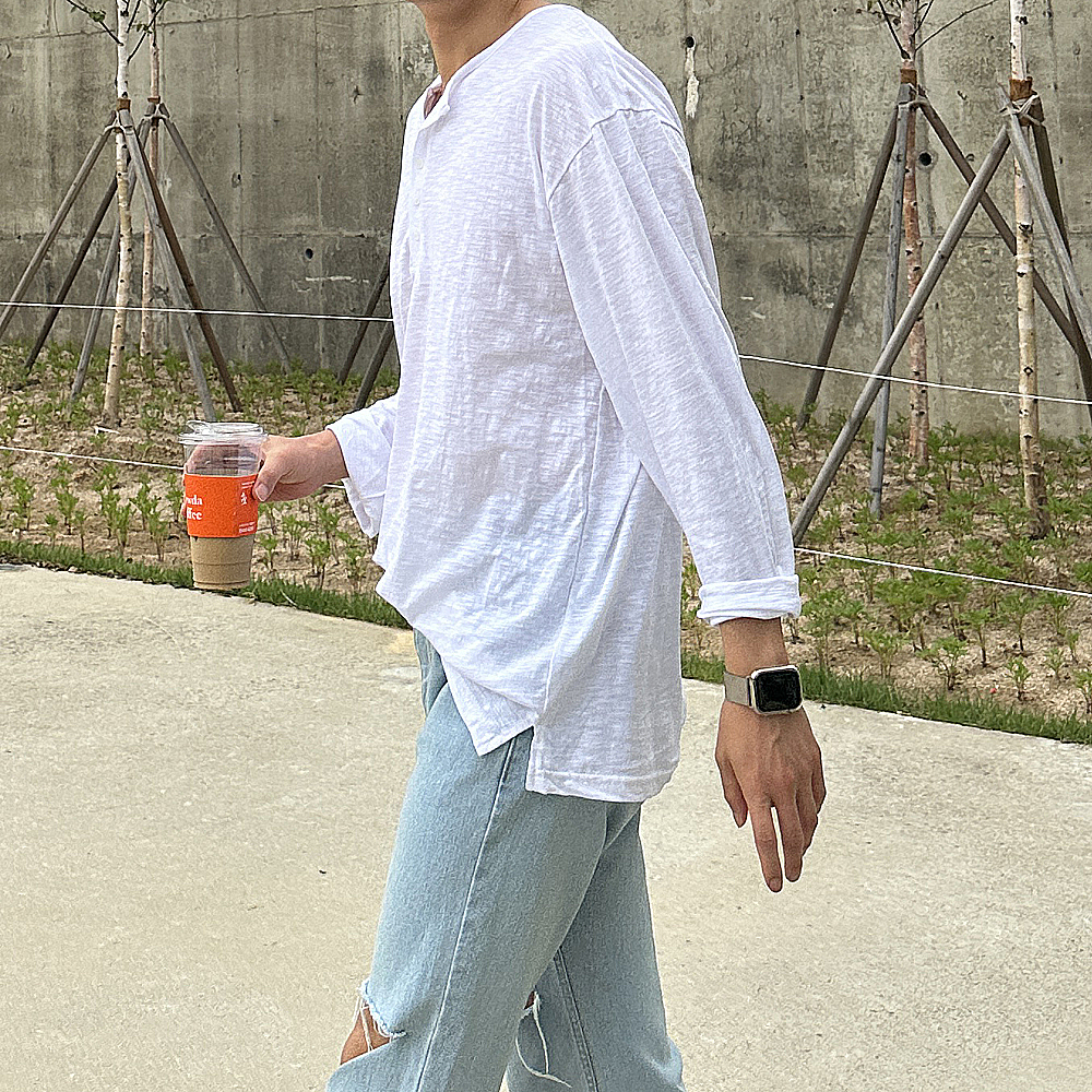 남자 여름긴팔티 오버핏 린넨 슬라브 헨리넥 쿨 티셔츠 - 상세 이미지 2