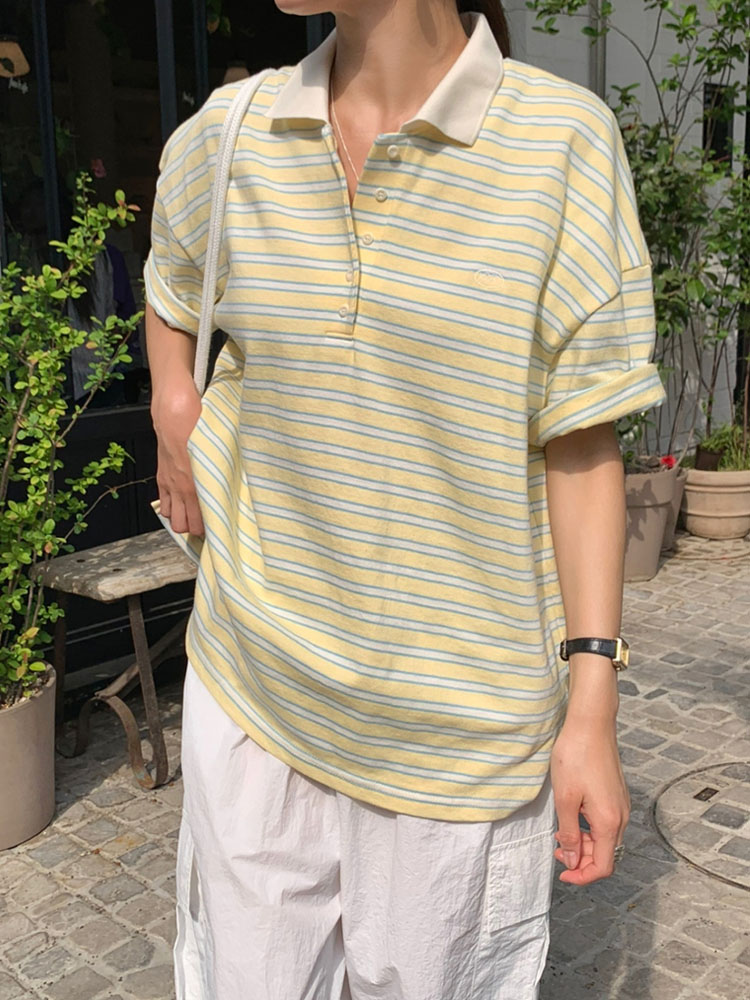 오버핏 배색 단가라 럭비 카라티 스트라이프 티셔츠 여성 여름 반팔 티셔츠 코튼 박스티 이미지 8