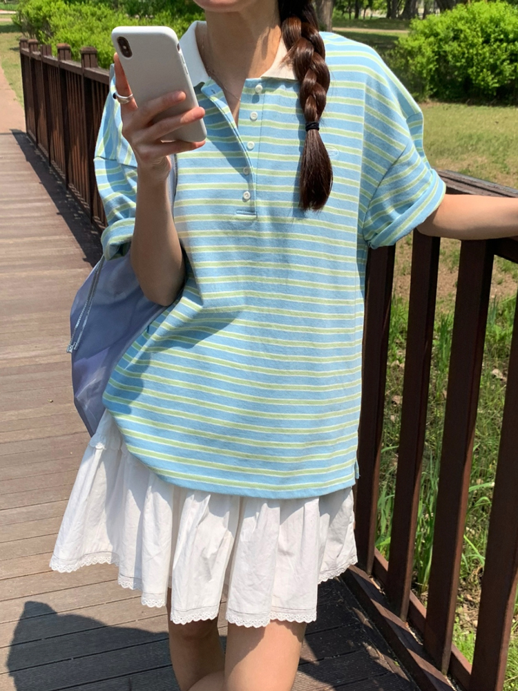 오버핏 배색 단가라 럭비 카라티 스트라이프 티셔츠 여성 여름 반팔 티셔츠 코튼 박스티 - 상세 이미지 2