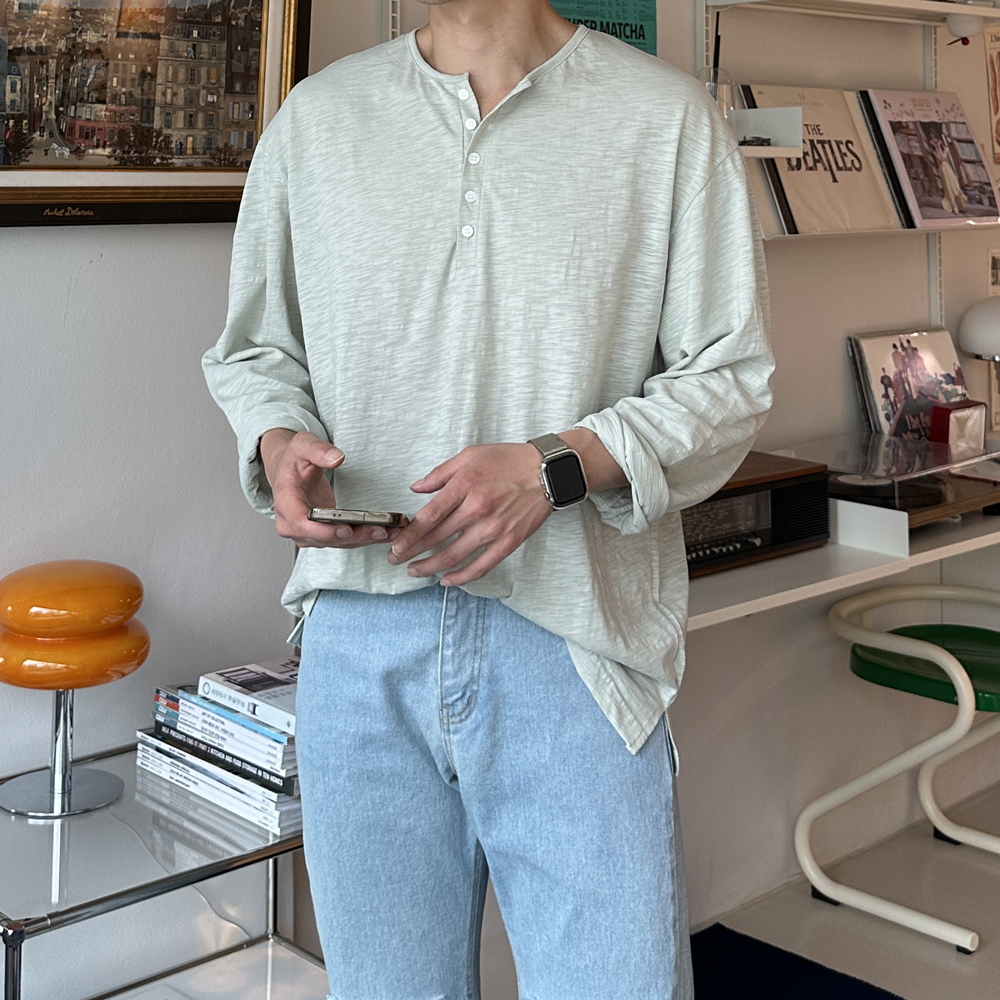 남자 여름 긴팔티 오버핏 슬라브 린넨 티셔츠 쿨 티셔츠 - 상세 이미지 3