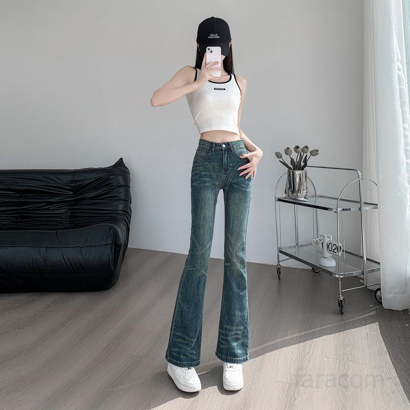 봄 여름 여성 Y2K 레트로 하이웨스트 슬림핏 부츠컷 청바지 절개라인 밑단트임 롱 나팔바지 31518 - 상세 이미지 2