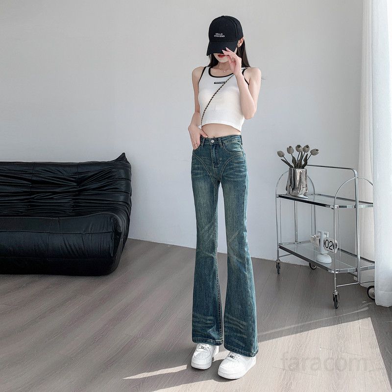 봄 여름 여성 Y2K 레트로 하이웨스트 슬림핏 부츠컷 청바지 절개라인 밑단트임 롱 나팔바지 31518 - 상세 이미지 4