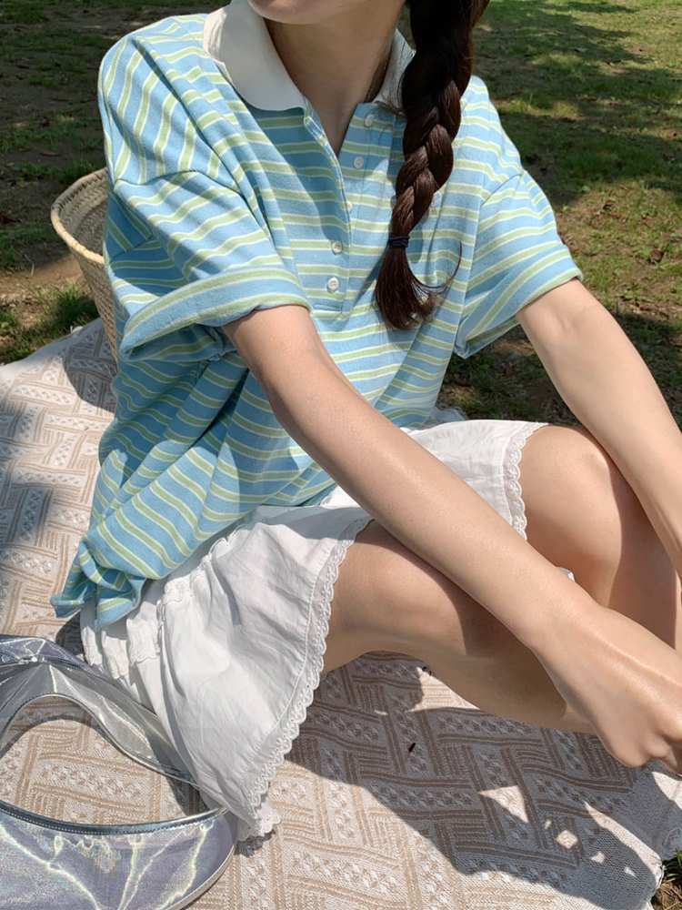 오버핏 배색 단가라 럭비 카라티 스트라이프 티셔츠 여성 여름 반팔 티셔츠 코튼 박스티 - 상품 이미지