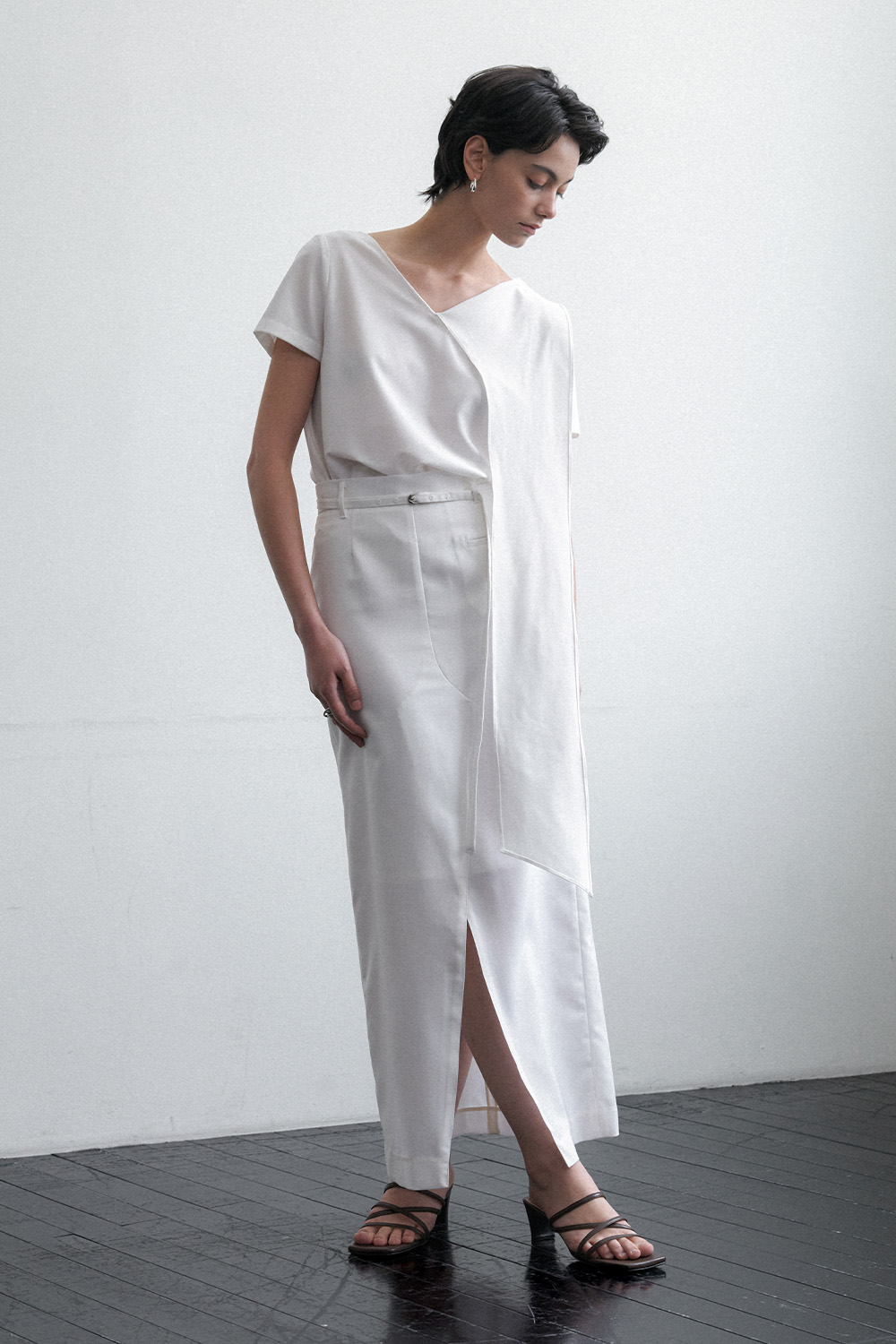 Summer Wool Belted Long Skirt White - 상세 이미지 3