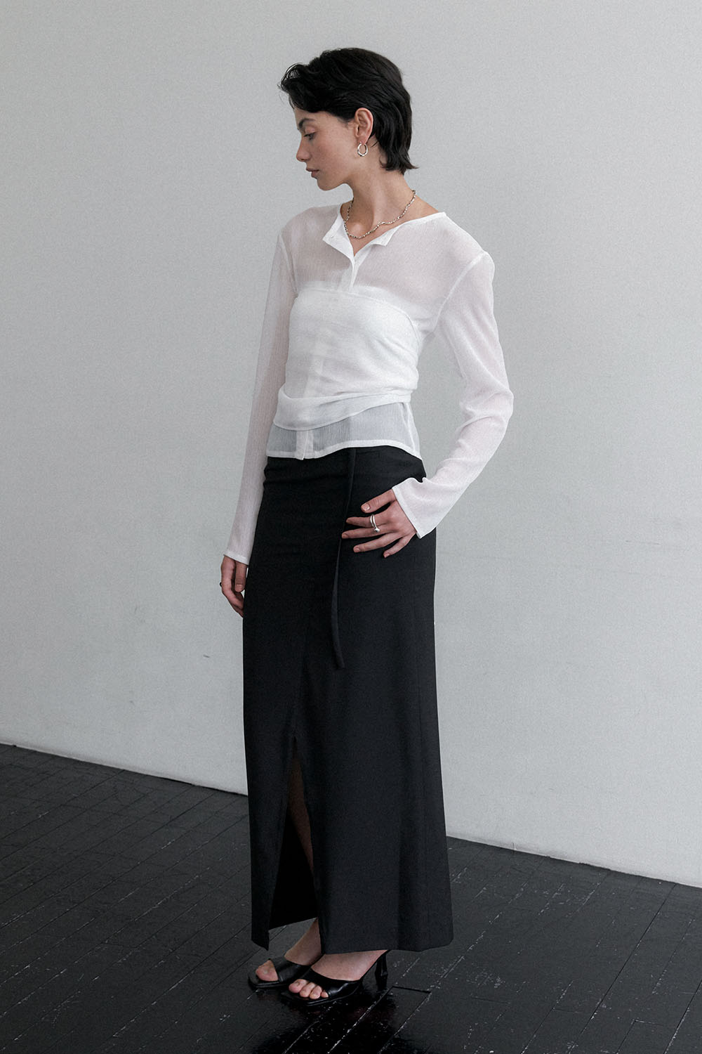 Summer Wool Belted Long Skirt Black - 상세 이미지 2