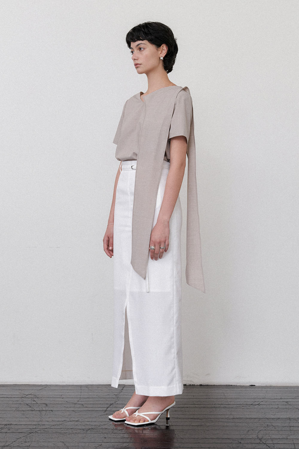 Summer Wool Belted Long Skirt White - 상세 이미지 2