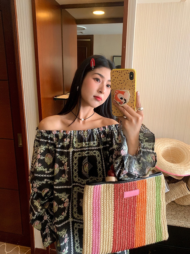 고급 오간자자수 오프숄더블라우스 에스닉 프린팅 루즈핏 중년여성 휴양지 여름 블랙 - 상세 이미지 5