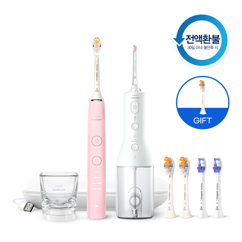 필립스 소닉케어 전동칫솔 구강세정기 칫솔모 세트 다이아몬드클린 9000 HX9914/76+HX3826/31+HX9092/67+HX6052/93 + 칫솔모 1P
