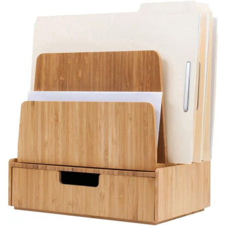 [해외]데스크탑 종이 트레이 파일 폴더 홀더 5-슬롯 및 대나무 서랍 세트; 사무용품 문구류 보관, 펜, 연필, 가위, 메모장, 명함 등