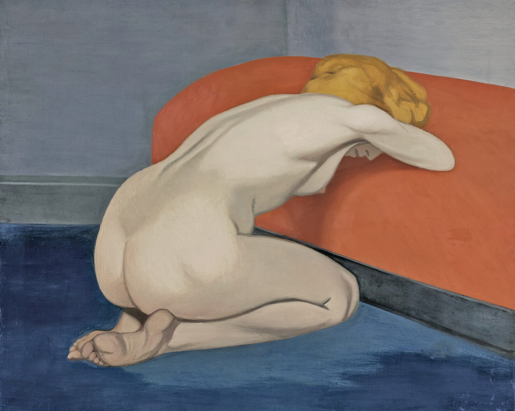 Naked Woman Kneeling In Front of a Red Couch 원본비율 아트포스터 펠릭스 - 상품 이미지