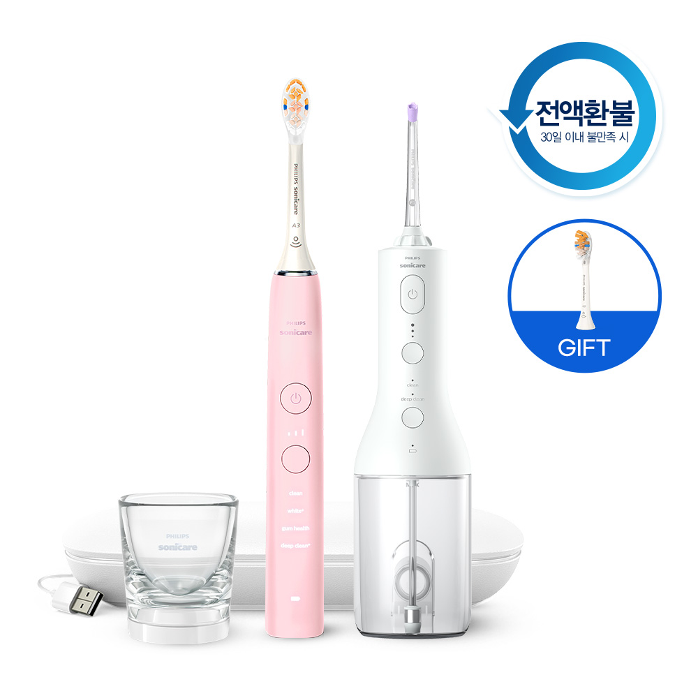 필립스 소닉케어 전동칫솔 구강세정기 세트 다이아몬드클린 9000 핑크/화이트