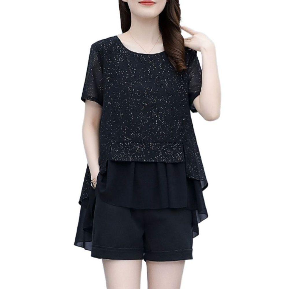 라인 댄스복 빅사이즈 상의 투피스 반짝이 쉬폰 검정색 블랙 L (47.5-55kg) - 상품 이미지