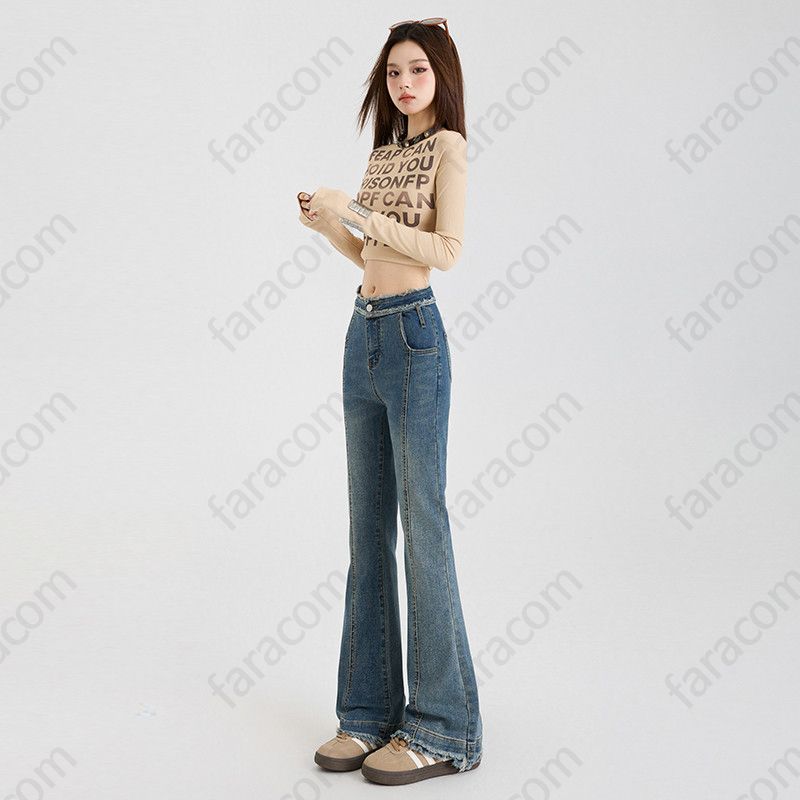 여성 기장선택 절개라인 컷  Y2K 레트로 빈티지 워싱 롱 와이드 데님팬츠 600900 - 상세 이미지 3