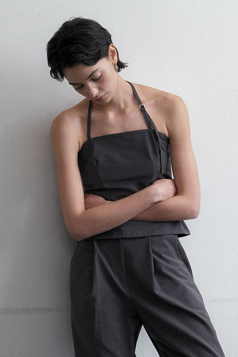 Summer Wool Halter Neck Strap Blouse Khaki Grey - 상세 이미지 2