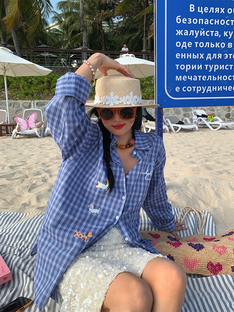 강아지프린팅 자수레터링 체크셔츠 순면 오버핏 빈티지스타일 느좋 감성 예쁜 디자인 블루 - 상세 이미지 3