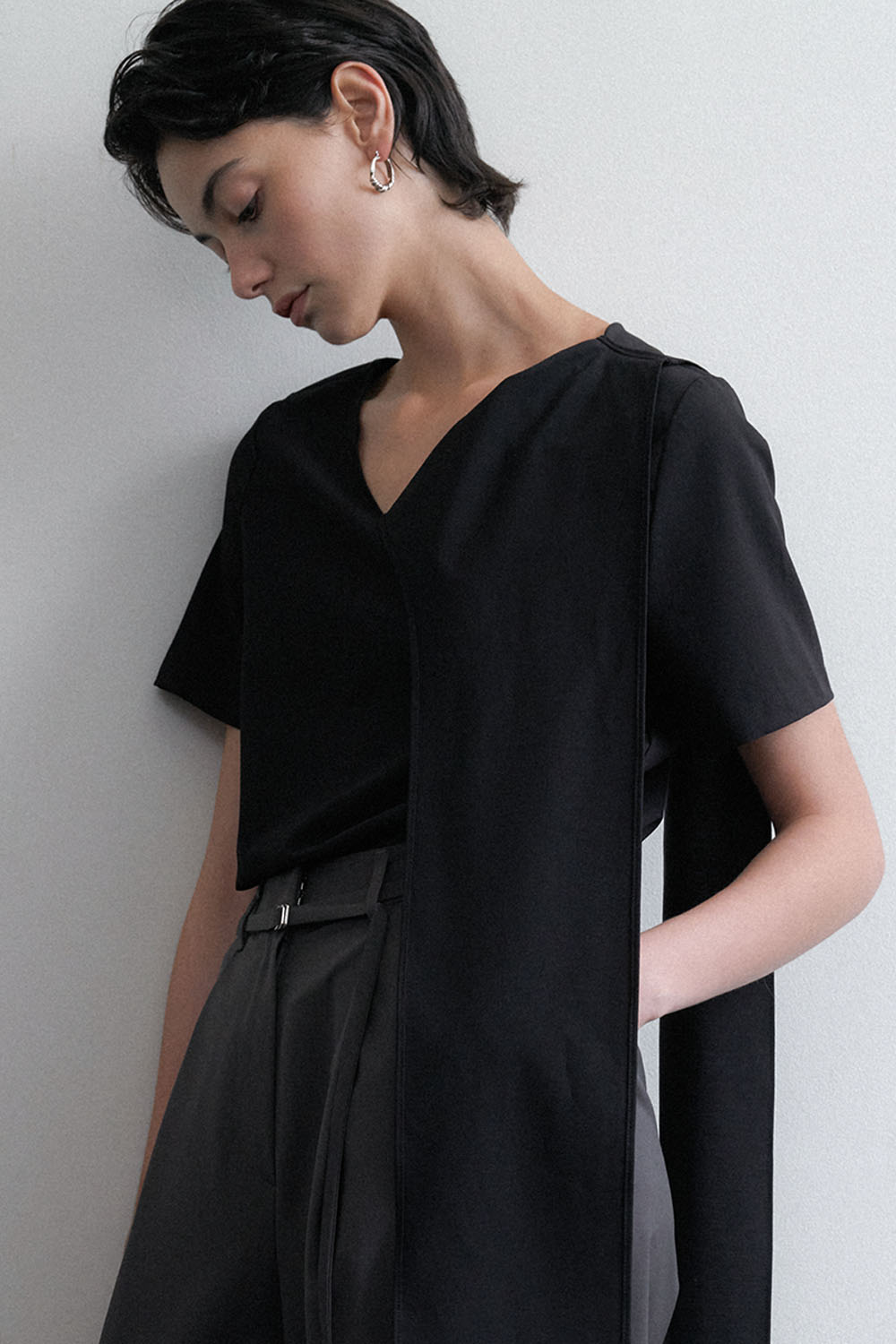 Summer Long Scarf Blouse Black - 상세 이미지 2