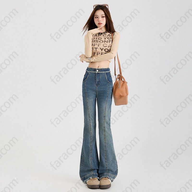 여성 기장선택 절개라인 컷  Y2K 레트로 빈티지 워싱 롱 와이드 데님팬츠 600900 - 상세 이미지 2