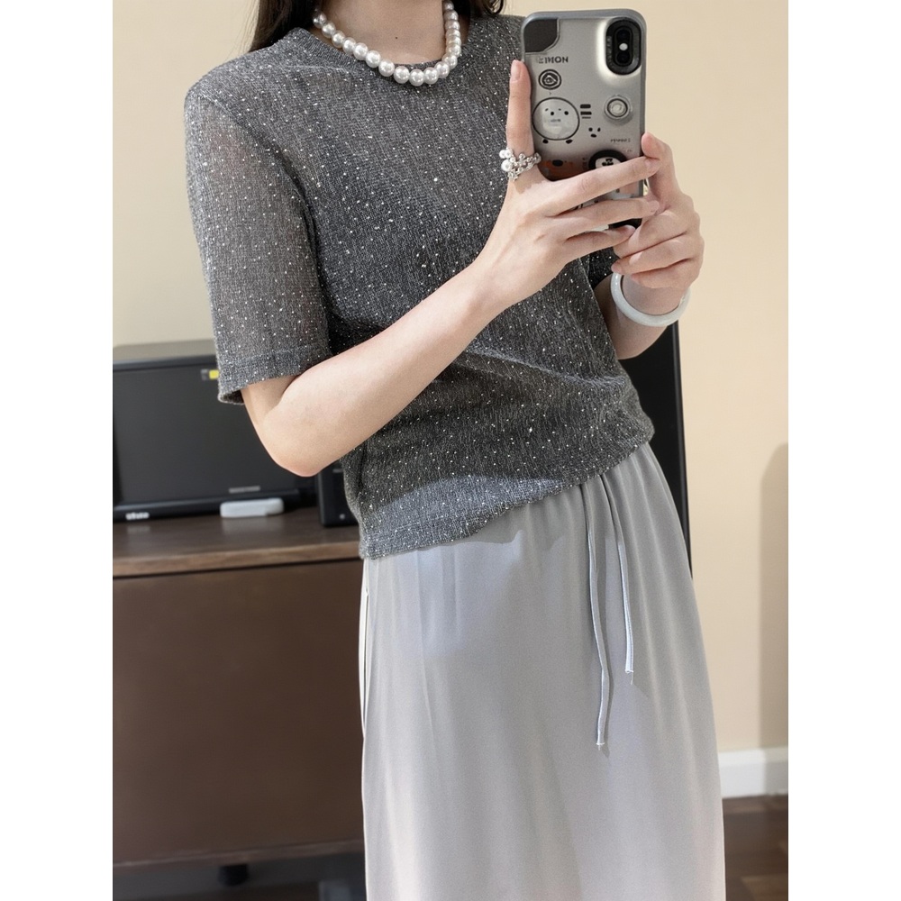 라운드넥 시스루 스팽글반팔블라우스 중년여성 여름 디자인 3XL까지 그레이 블랙 - 상세 이미지 5