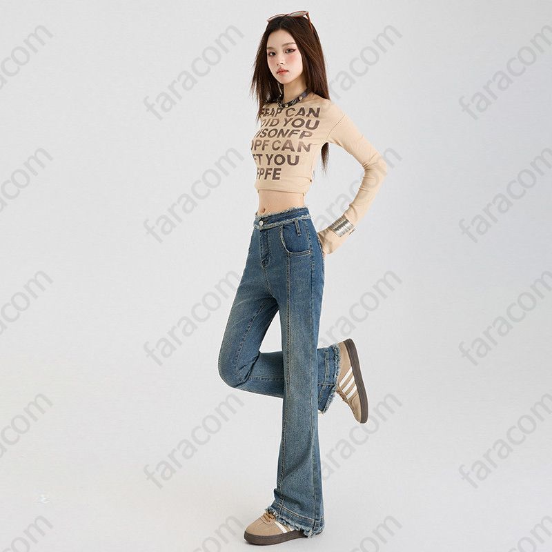 여성 기장선택 절개라인 컷  Y2K 레트로 빈티지 워싱 롱 와이드 데님팬츠 600900 - 상세 이미지 4