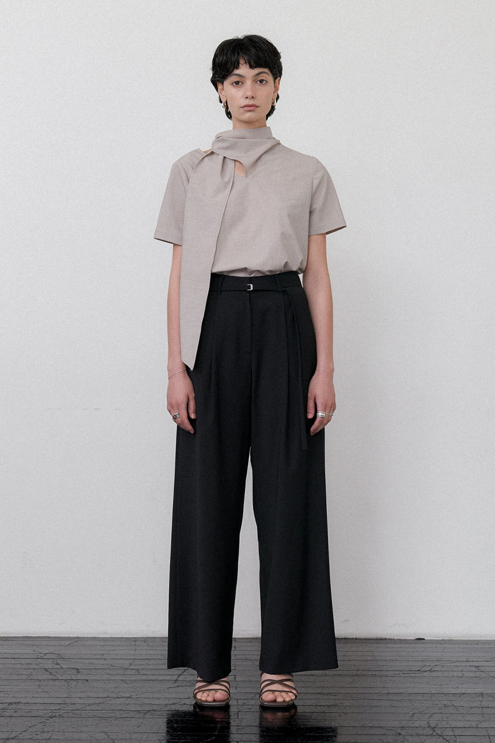 Summer Wool Belted Semi-wide Trouser Black - 상세 이미지 3