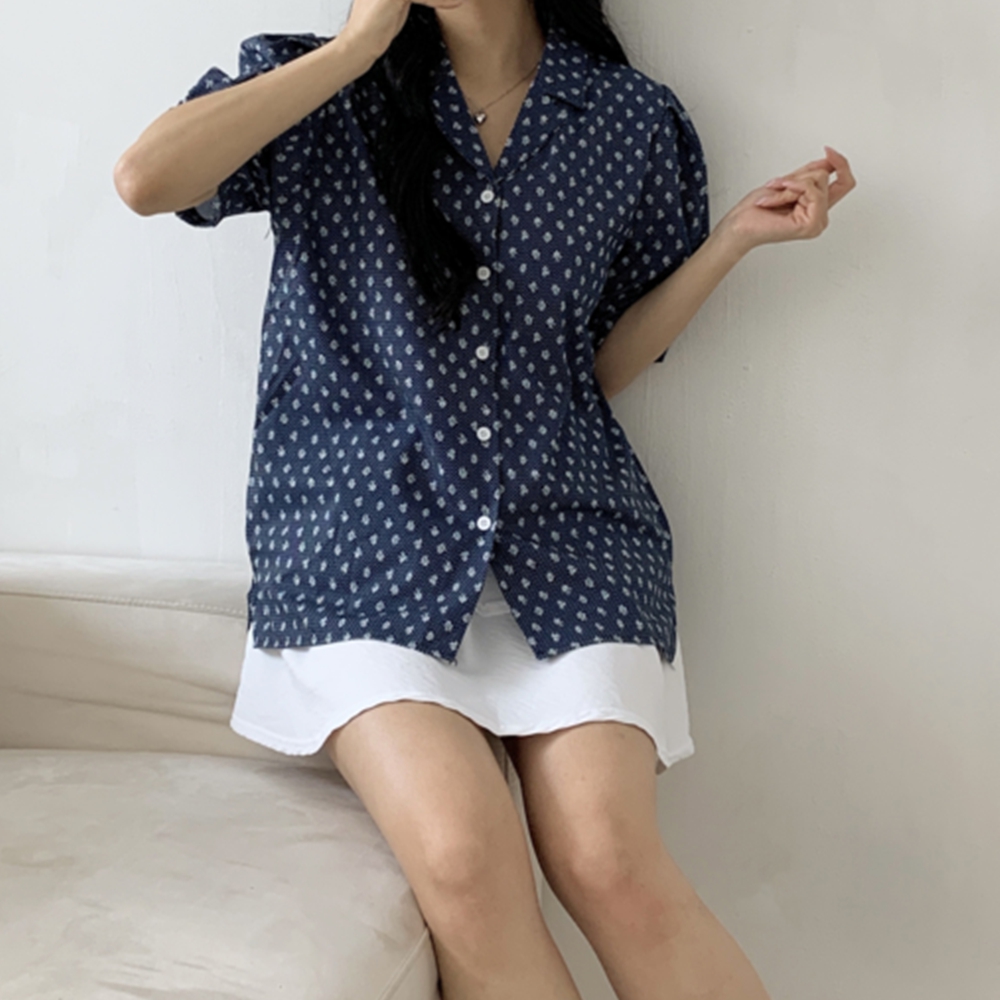 잔꽃무늬블라우스 반팔 퍼프 카라 여성 여름 루즈핏 블라우스 - 상세 이미지 5