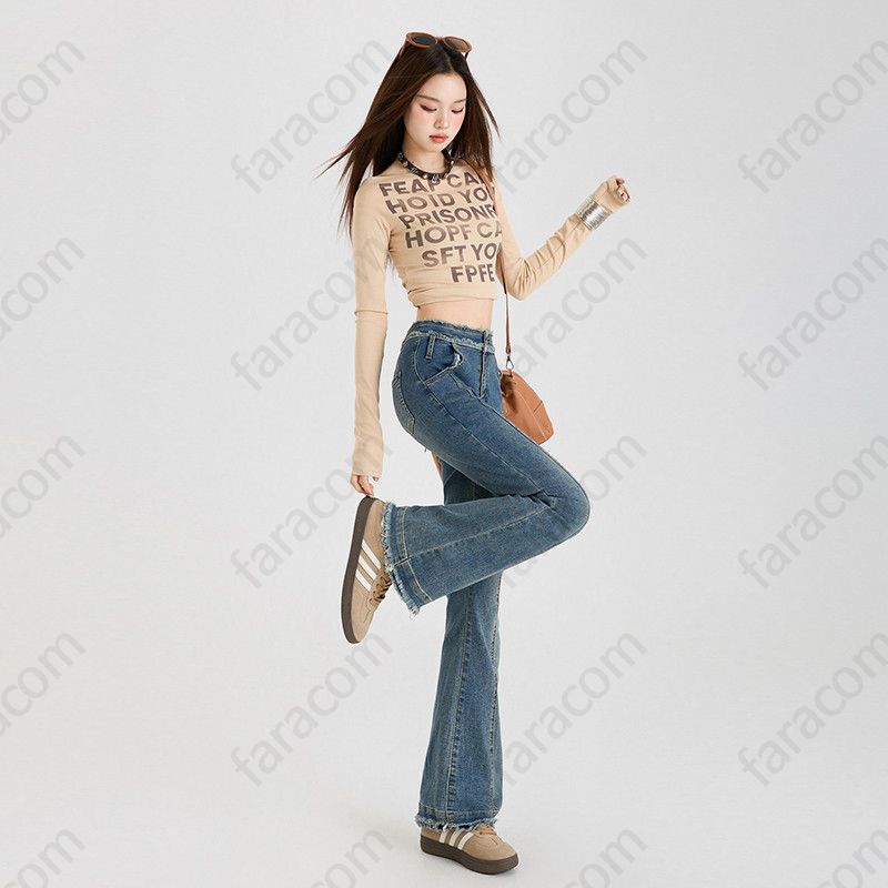 여성 기장선택 절개라인 컷  Y2K 레트로 빈티지 워싱 롱 와이드 데님팬츠 600900 - 상품 이미지