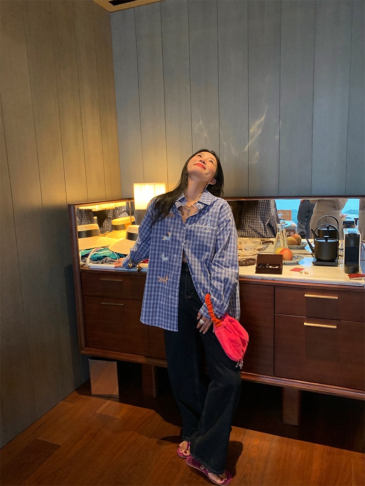 강아지프린팅 자수레터링 체크셔츠 순면 오버핏 빈티지스타일 느좋 감성 예쁜 디자인 블루 - 상세 이미지 4