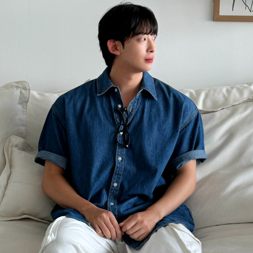 남자 타론 루즈 오버핏 여름 데님 반팔 셔츠 남방