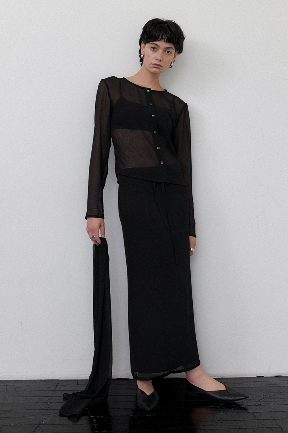 Summer Crepe Sheer Long Skirt Black - 메인 이미지