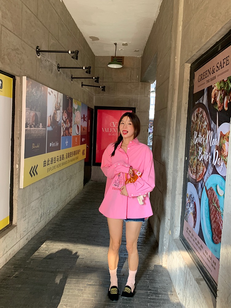 강아지자수 물결스티치 핑크색셔츠 순면 유니크 예쁜 디자인 고급 스타일 - 상세 이미지 4