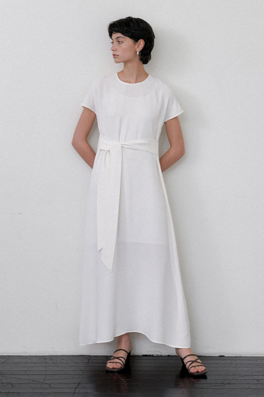 Half Sleeve Strap Long Dress White - 상세 이미지 4