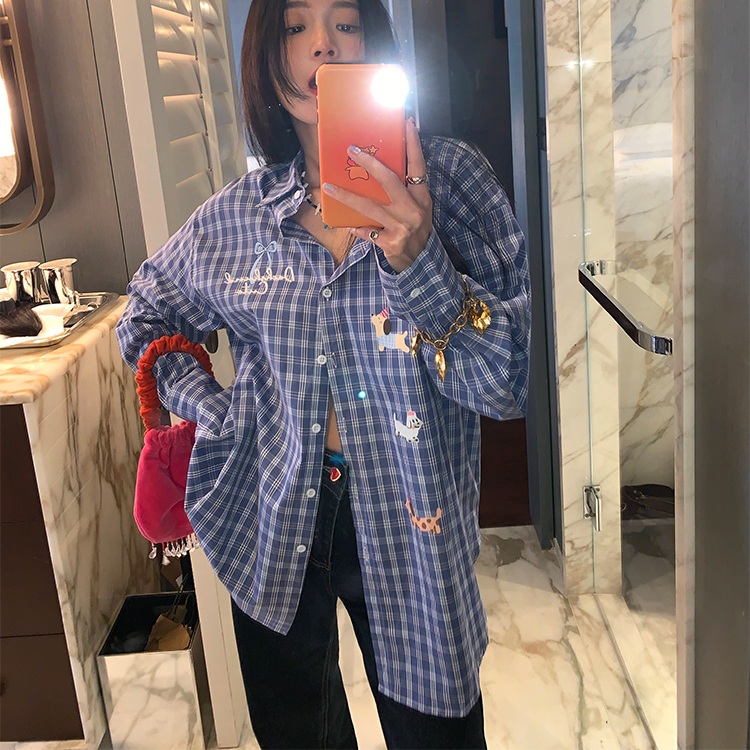 강아지프린팅 자수레터링 체크셔츠 순면 오버핏 빈티지스타일 느좋 감성 예쁜 디자인 블루 - 상품 이미지