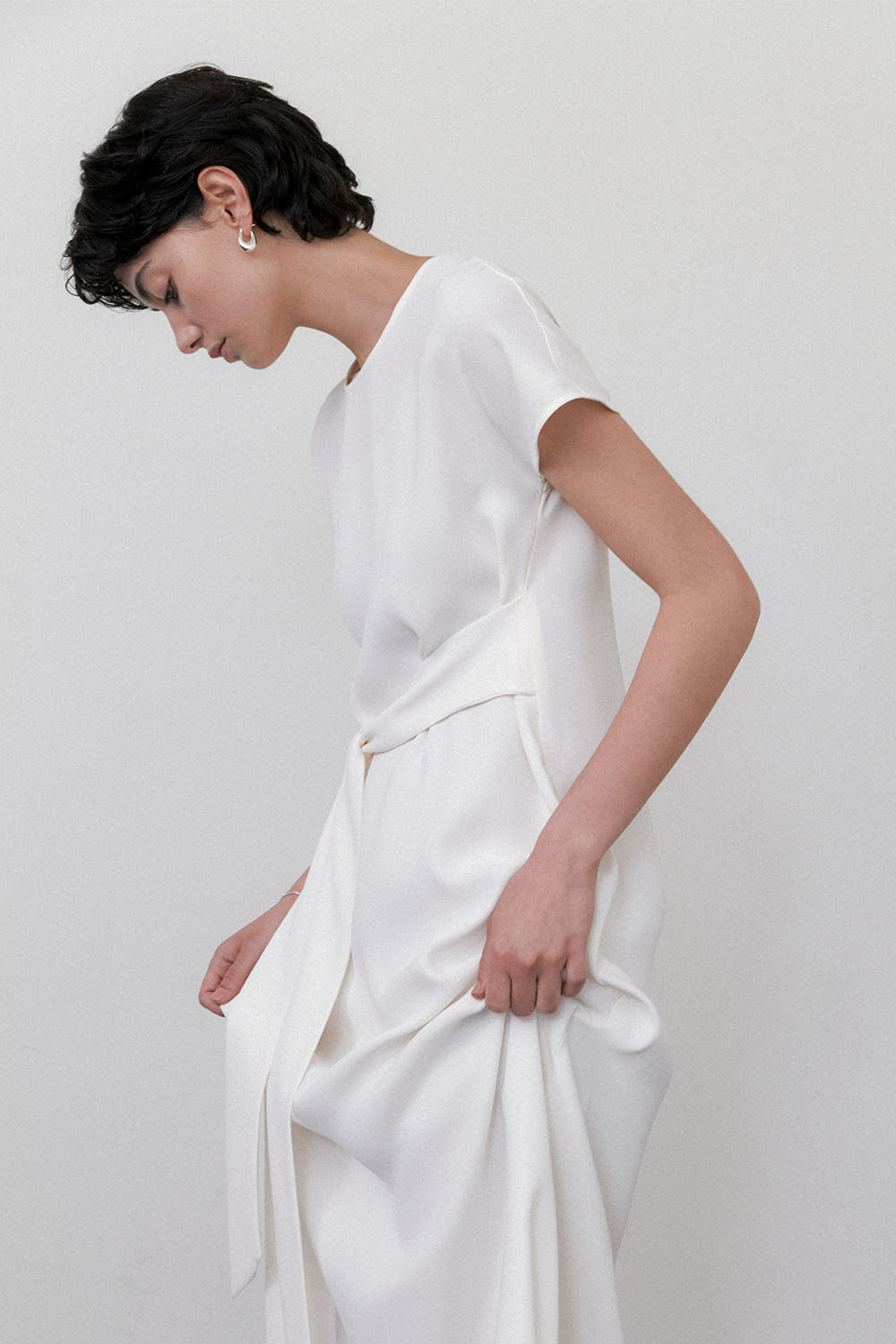 Half Sleeve Strap Long Dress White - 메인 이미지