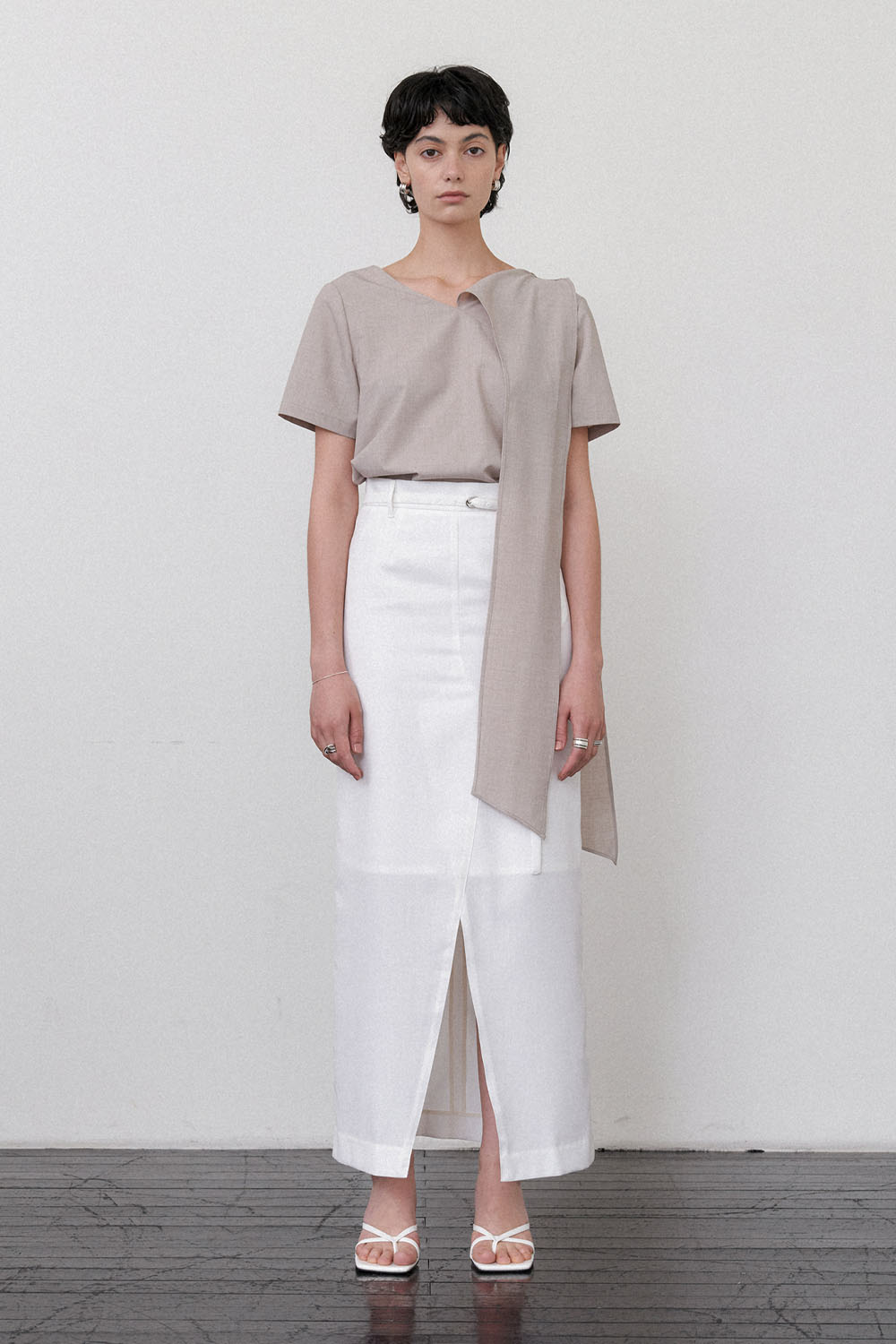 Summer Wool Belted Long Skirt White - 상품 이미지