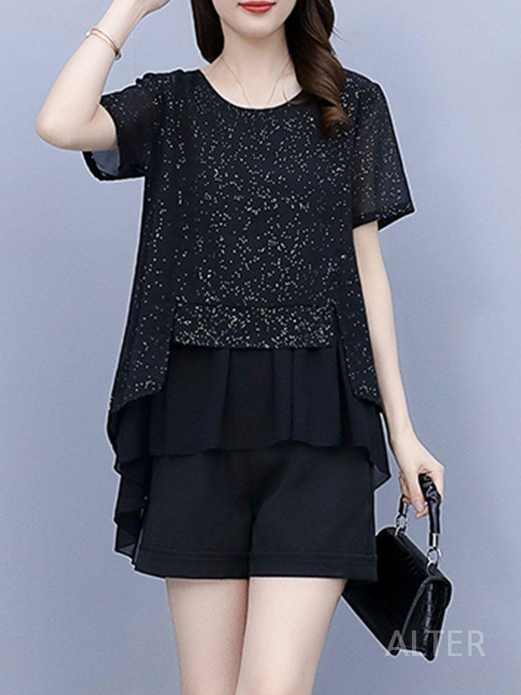 라인 댄스복 빅사이즈 상의 투피스 반짝이 쉬폰 검정색 블랙 L (47.5-55kg) - 상세 이미지 2