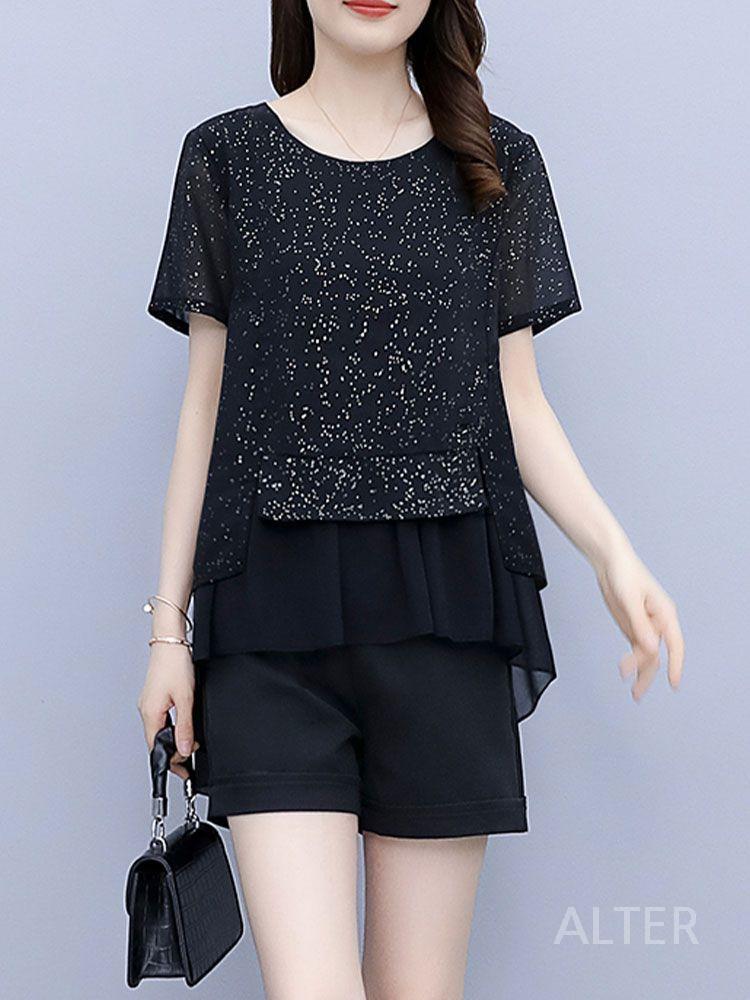 라인 댄스복 빅사이즈 상의 투피스 반짝이 쉬폰 검정색 블랙 L (47.5-55kg) - 상세 이미지 3