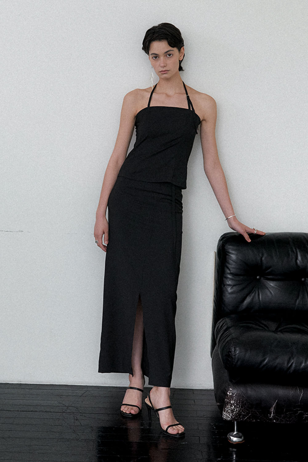 Summer Wool Belted Long Skirt Black - 메인 이미지