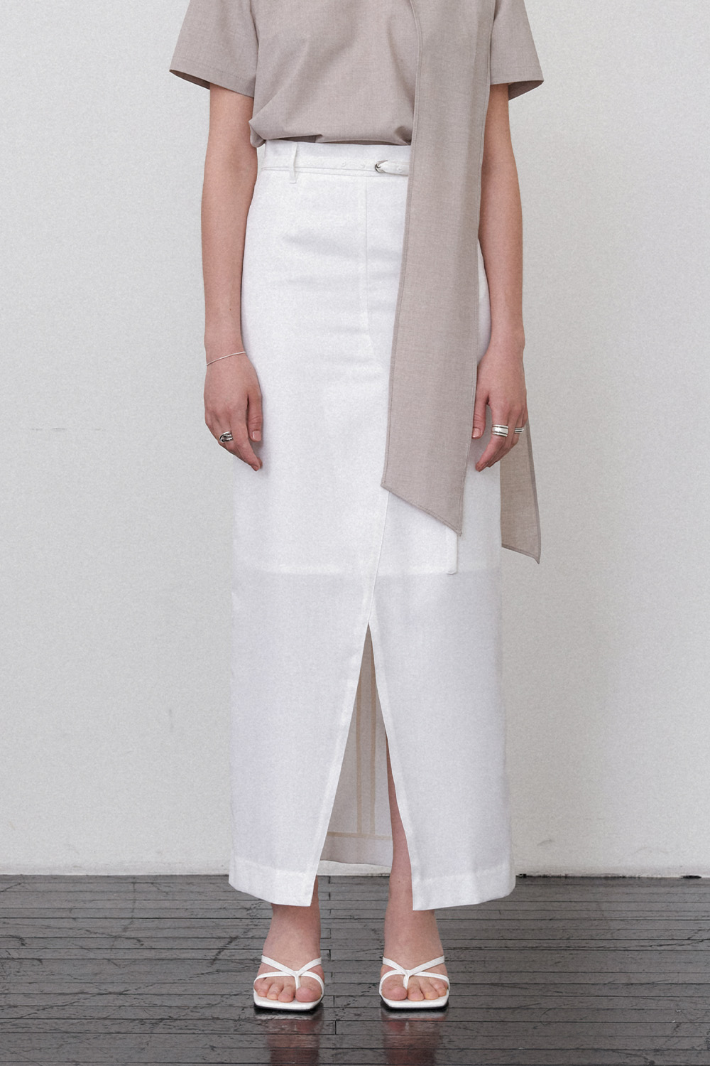 Summer Wool Belted Long Skirt White 이미지 6