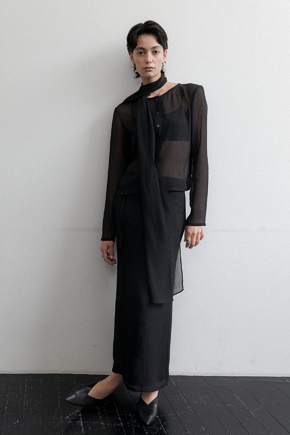 Summer Crepe Sheer Long Skirt Black - 상세 이미지 2