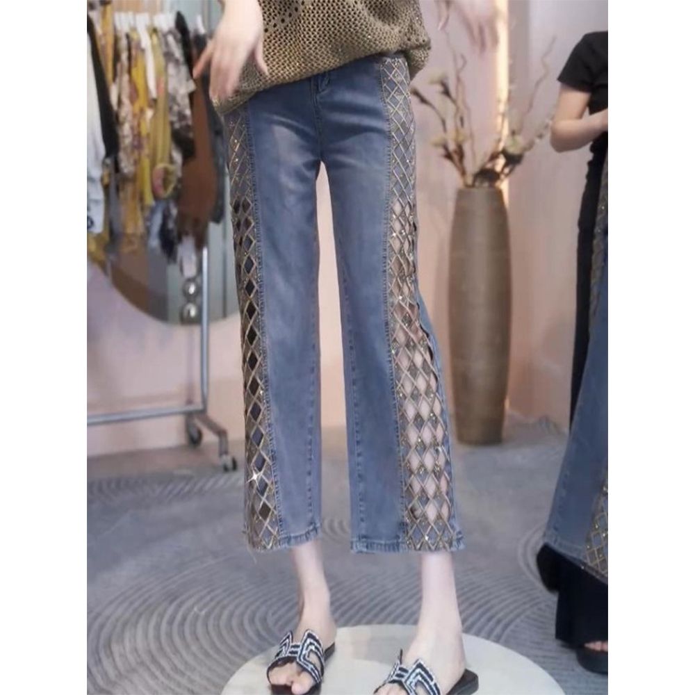 컷아웃 격자 레이스 자수 청바지 여름 데님팬츠 bying24 블루 S(42.5-50kg) 이미지 6
