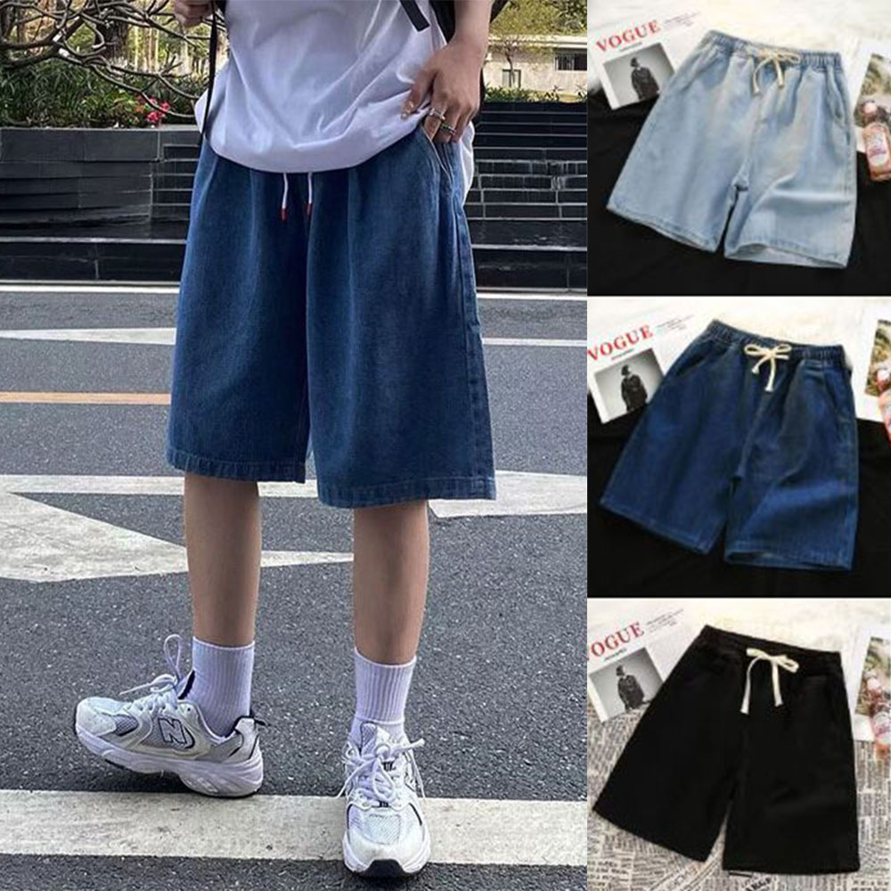 남녀 데님 반바지 간절기 외출 패션 스타일 밴딩 팬츠 - 상품 이미지