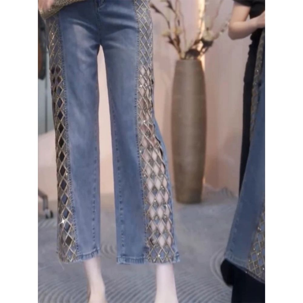 컷아웃 격자 레이스 자수 청바지 여름 데님팬츠 bying24 블루 S(42.5-50kg) - 상세 이미지 5
