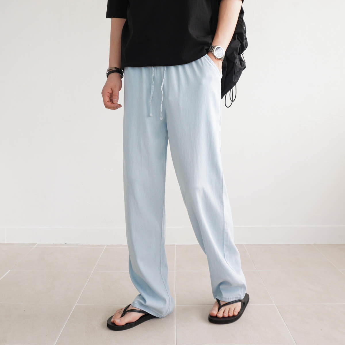 비욘드마이셀프 남자여름청바지 밴딩데님팬츠 아이스 리오셀 텐셀 스판 세미와이드 바지 3단기장