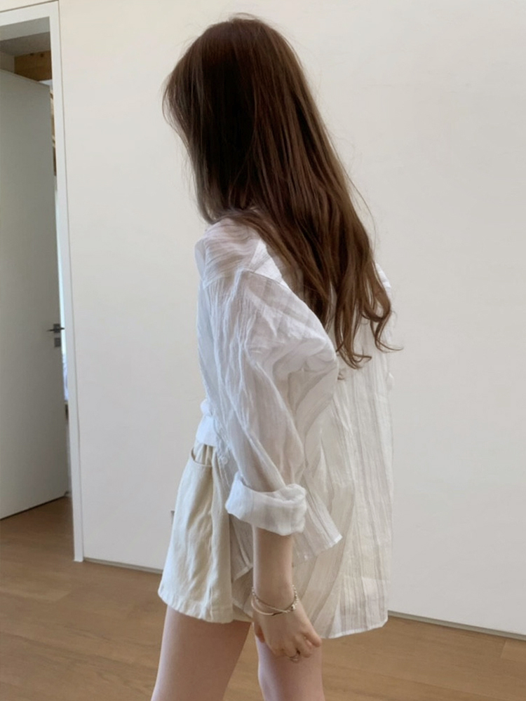 오버핏 시스루 멀티 스트라이프 셔츠 블라우스 여름남방 썸머블라우스 긴팔 여자 여름셔츠 - 상세 이미지 2