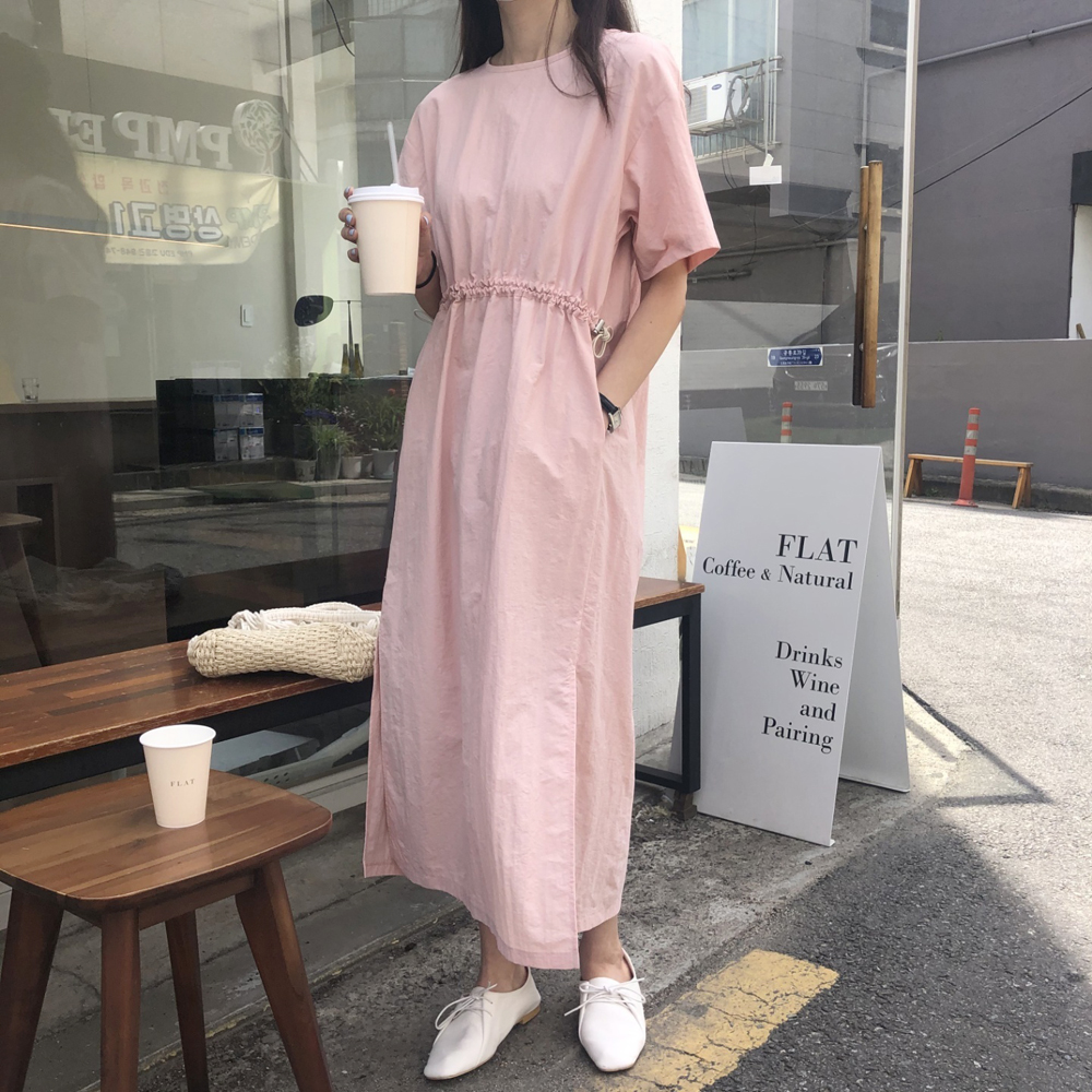 고급 나일론 반팔 바스락 원피스 아노락 여성 여름 롱 원피스 맥시 핑크 네이비 데일리룩 - 메인 이미지